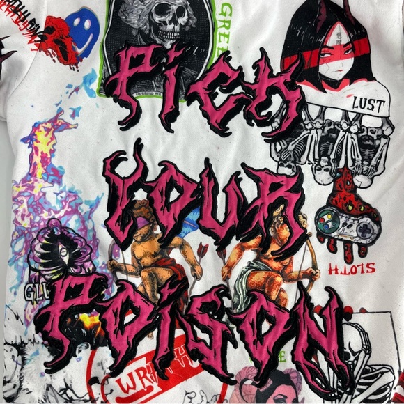 Sugarhill Hoodie Mens Small White AOP 7 Deadly Sins Goth Grunge Pullover Jacket - Picture 5 of 12